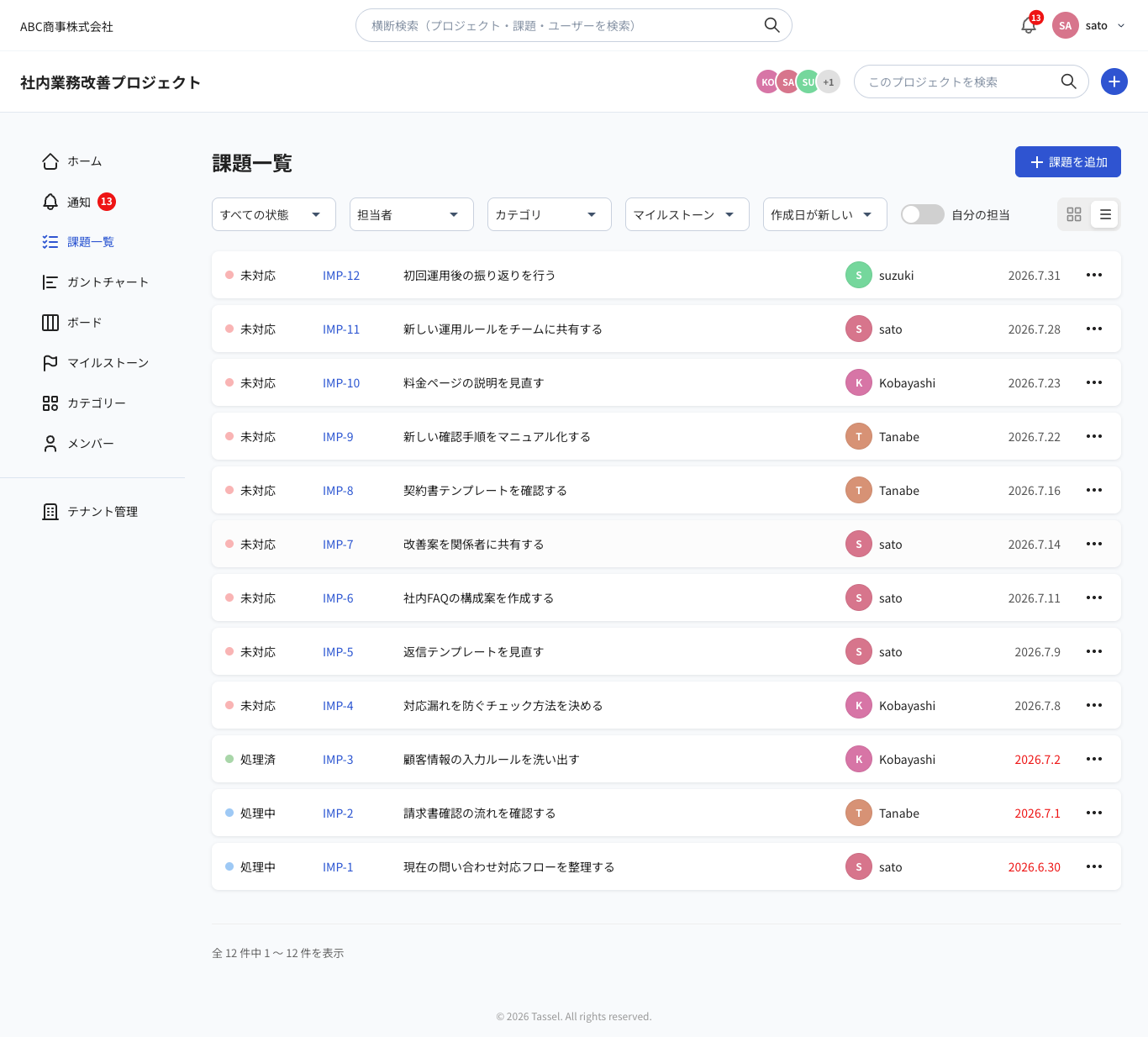 Tasselの課題一覧画面。状態、件名、担当者、期限日などを一覧で確認できます。