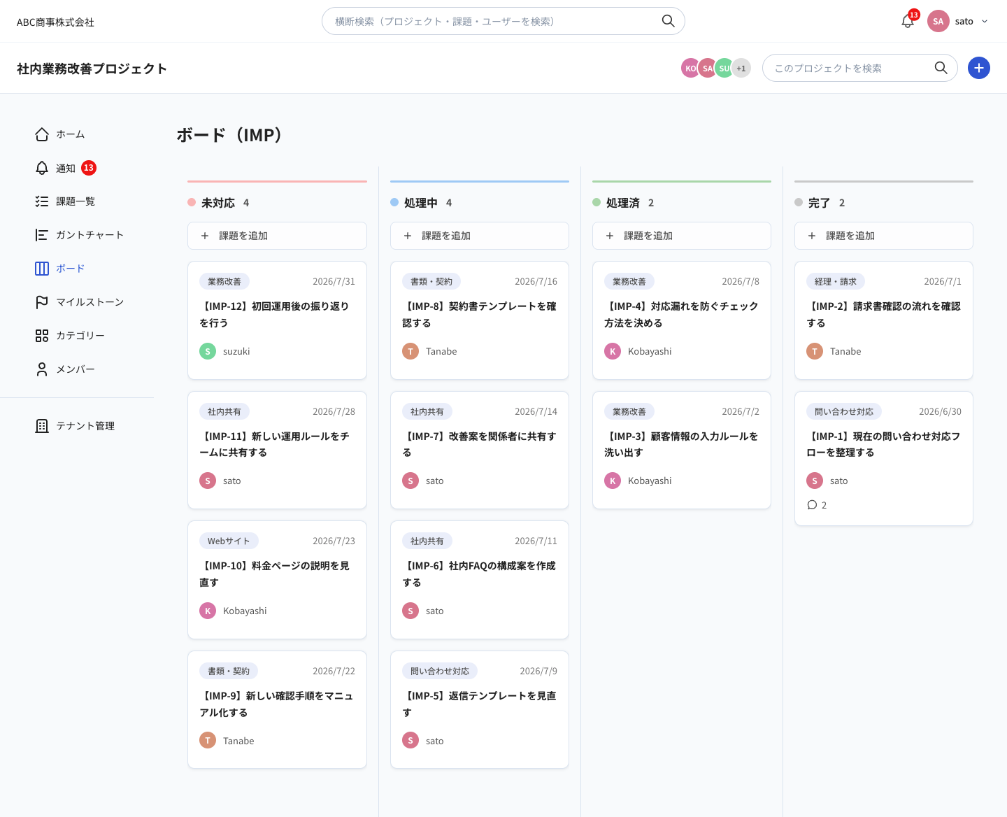 Tasselのカンバンボード画面。未対応、処理中、処理済、完了などの列で課題カードを確認できます。